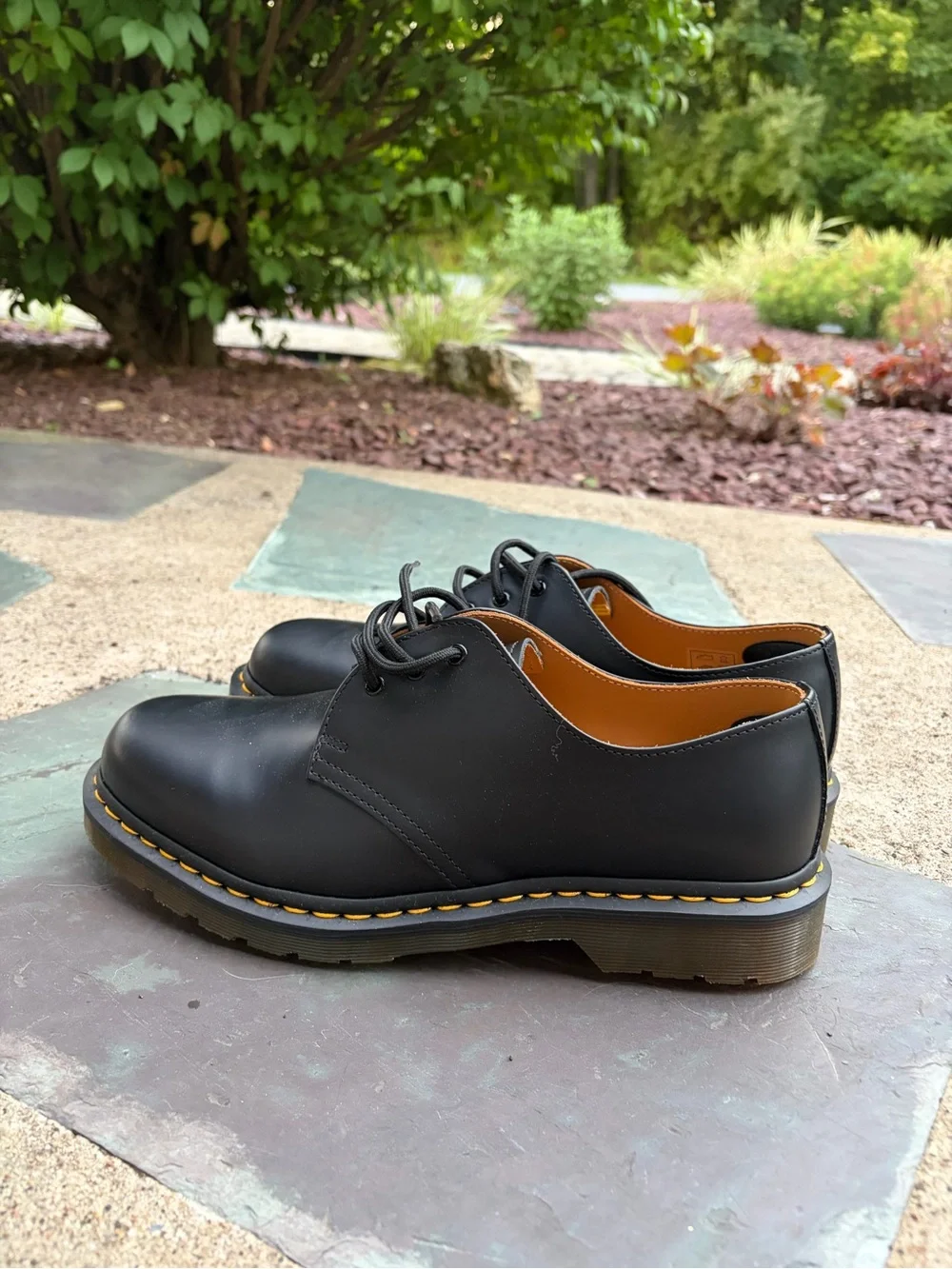 Dr. Martens Black 3-Eye Oxford Lace-Up Shoes with Yellow Stitching